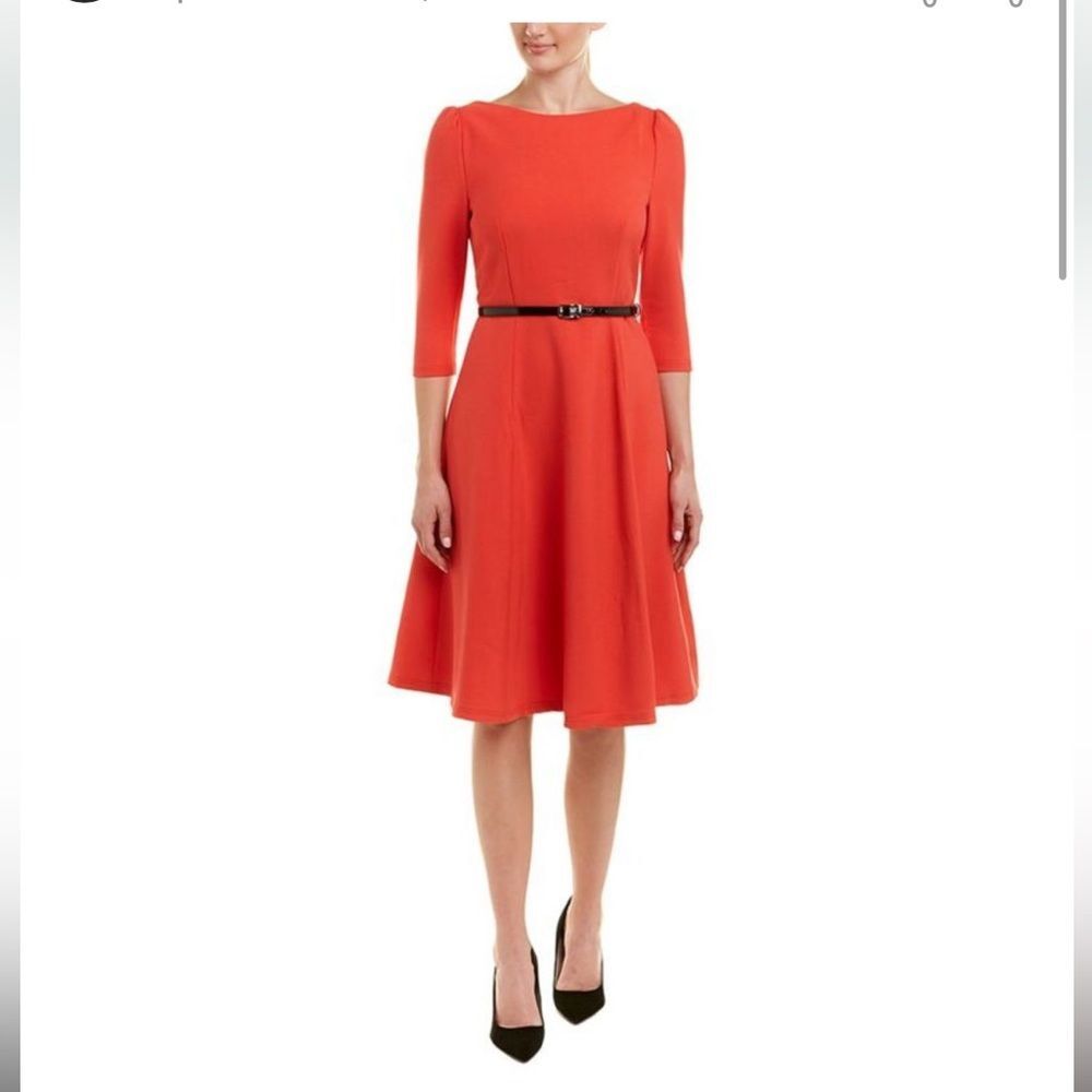 Gyalwana Red 3/4 Sleeve Belted A-Line Fit & Flare Dress - Size S